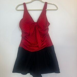Suddenly Slim by Catalina One Piece Skirt Swimsuit Red/Black Polka Dot Size M